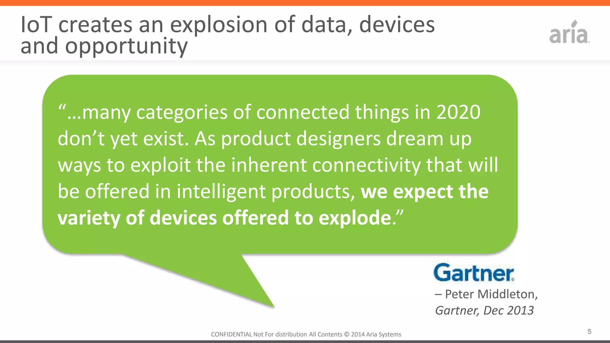 5CONFIDENTIAL	
  Not	
  For	
  distribu4on	
  All	
  Contents	
  ©	
  2014	
  Aria	
  Systems	
  	
  CONFIDENTIAL	
  Not	
  For	
  distribu4on	
  All	
  Contents	
  ©	
  2014	
  Aria	
  Systems	
  	
  
IoT	
  creates	
  an	
  explosion	
  of	
  data,	
  devices	
  	
  
and	
  opportunity	
  
–	
  Peter	
  Middleton,	
  	
  
Gartner,	
  Dec	
  2013	
  
“…many	
  categories	
  of	
  connected	
  things	
  in	
  2020	
  
don’t	
  yet	
  exist.	
  As	
  product	
  designers	
  dream	
  up	
  
ways	
  to	
  exploit	
  the	
  inherent	
  connec4vity	
  that	
  will	
  
be	
  oﬀered	
  in	
  intelligent	
  products,	
  we	
  expect	
  the	
  
variety	
  of	
  devices	
  oﬀered	
  to	
  explode.”	
  	
  
 