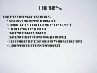 Metrics Each step has associated metrics: Visitors / Pageviews (acquisition) Bounce Rate & time on page (“they get it”) Clicking “sign up” (action) Successful signup (signup) Successful credit card charge (purchase) Cohort retention (1st cycle and “happy customer”) Tweets and blog posts (evangelism) 