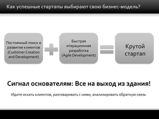 Как	
  успешные	
  стартапы	
  выбирают	
  свою	
  бизнес-­‐модель?	
  

Постоянный	
  поиск	
  и	
  
развитие	
  клиентов	
  
(Customer	
  Creation	
  
and	
  Development)	
  

Быстрая	
  
итерационная	
  
разработка	
  
(Agile	
  Development)	
  

Крутой	
  	
  
стартап	
  

Сигнал	
  основателям:	
  Все	
  на	
  выход	
  из	
  здания!	
  
Идите	
  искать	
  клиентов,	
  разговаривать	
  с	
  ними,	
  анализировать	
  обратную	
  связь	
  

 