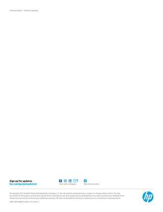 Viewpoint paper | Monetize big data

Sign up for updates
hp.com/go/getupdated

Share with colleagues

Rate this document

© Copyright 2013 Hewlett-Packard Development Company, L.P. The information contained herein is subject to change without notice. The only
warranties for HP products and services are set forth in the express warranty statements accompanying such products and services. Nothing herein
should be construed as constituting an additional warranty. HP shall not be liable for technical or editorial errors or omissions contained herein.
4AA4-8041ENW, October 2013, Rev. 2

 
