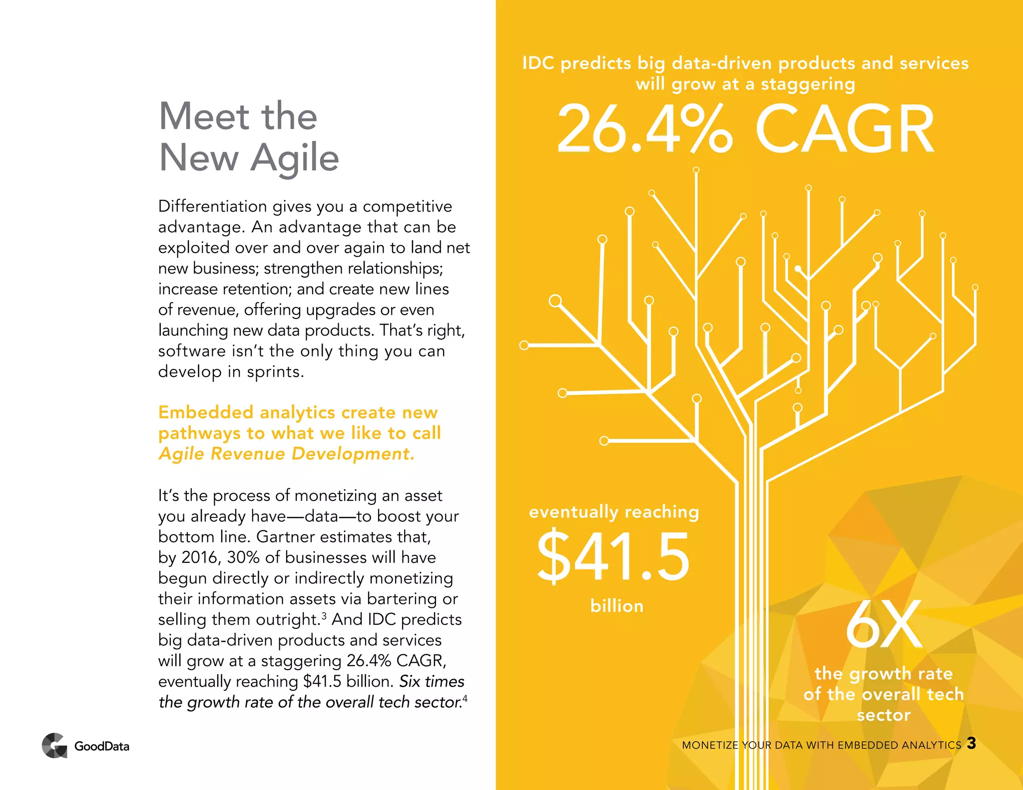 Meet the
New Agile
Differentiation gives you a competitive
advantage. An advantage that can be
exploited over and over again to land net
new business; strengthen relationships;
increase retention; and create new lines
of revenue, offering upgrades or even
launching new data products. That’s right,
software isn’t the only thing you can
develop in sprints.
Embedded analytics create new
pathways to what we like to call
Agile Revenue Development.
It’s the process of monetizing an asset
you already have—data—to boost your
bottom line. Gartner estimates that,
by 2016, 30% of businesses will have
begun directly or indirectly monetizing
their information assets via bartering or
selling them outright.3
And IDC predicts
big data-driven products and services
will grow at a staggering 26.4% CAGR,
eventually reaching $41.5 billion. Six times
the growth rate of the overall tech sector.4
IDC predicts big data-driven products and services
will grow at a staggering
26.4% CAGR
eventually reaching
$41.5billion
6Xthe growth rate
of the overall tech
sector
MONETIZE YOUR DATA WITH EMBEDDED ANALYTICS 3
 