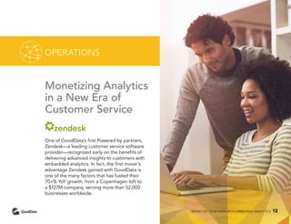 Monetizing Analytics
in a New Era of
Customer Service
One of GoodData’s first Powered by partners,
Zendesk—a leading customer service software
provider—recognized early on the benefits of
delivering advanced insights to customers with
embedded analytics. In fact, the first mover’s
advantage Zendesk gained with GoodData is
one of the many factors that has fueled their
70+% YoY growth, from a Copenhagen loft to
a $127M company, serving more than 52,000
businesses worldwide.
OPERATIONS
MONETIZE YOUR DATA WITH EMBEDDED ANALYTICS 12
 