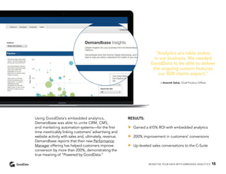 Using GoodData’s embedded analytics,
Demandbase was able to unite CRM, CMS,
and marketing automation systems—for the first
time inextricably linking customers’ advertising and
website activity with sales and, ultimately, revenue.
Demandbase reports that their new Performance
Manager offering has helped customers improve
conversion by more than 200%, demonstrating the
true meaning of “Powered by GoodData.”
RESULTS:
••	 Gained a 615% ROI with embedded analytics
••	 200% improvement in customers’ conversions
••	 Up-leveled sales conversations to the C-Suite
“Analytics are table stakes
in our business. We needed
GoodData to be able to deliver
the ongoing custom features
our B2B clients expect.”
—Avanish Sahai, Chief Product Officer
MONETIZE YOUR DATA WITH EMBEDDED ANALYTICS 15
 