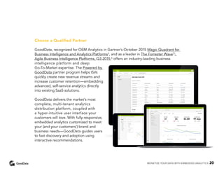 Choose a Qualified Partner
GoodData, recognized for OEM Analytics in Gartner’s October 2015 Magic Quadrant for
Business Intelligence and Analytics Platforms5
, and as a leader in The Forrester Wave™
:
Agile Business Intelligence Platforms, Q3 2015,6
offers an industry-leading business
intelligence platform and deep
Go-To-Market expertise. The Powered by
GoodData partner program helps ISVs
quickly create new revenue streams and
increase customer retention—embedding
advanced, self-service analytics directly
into existing SaaS solutions.
GoodData delivers the market’s most
complete, multi-tenant analytics
distribution platform, coupled with
a hyper-intuitive user interface your
customers will love. With fully-responsive,
embedded analytics customized to meet
your (and your customers’) brand and
business needs—GoodData guides users
to fast discovery and adoption using
interactive recommendations.
MONETIZE YOUR DATA WITH EMBEDDED ANALYTICS 20
 