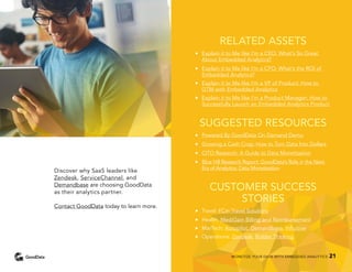 RELATED ASSETS
••	 Explain it to Me like I’m a CEO: What’s So Great
About Embedded Analytics?
••	 Explain it to Me like I’m a CFO: What’s the ROI of
Embedded Analytics?
••	 Explain it to Me like I’m a VP of Product: How to
GTM with Embedded Analytics
••	 Explain it to Me like I’m a Product Manager: How to
Successfully Launch an Embedded Analytics Product
SUGGESTED RESOURCES
••	 Powered By GoodData On Demand Demo
••	 Growing a Cash Crop: How to Turn Data Into Dollars
••	 CITO Research: A Guide to Data Monetization
••	 Blue Hill Research Report: GoodData’s Role in the Next
Era of Analytics: Data Monetization
CUSTOMER SUCCESS
STORIES
••	 Travel: FCm Travel Solutions
••	 Health: MediGain Billing and Reimbursement
••	MarTech: Autopilot, Demandbase, Influitive
••	Operations: Zendesk, Bolder Thinking
Discover why SaaS leaders like
Zendesk, ServiceChannel, and
Demandbase are choosing GoodData
as their analytics partner.
Contact GoodData today to learn more.
MONETIZE YOUR DATA WITH EMBEDDED ANALYTICS 21
 