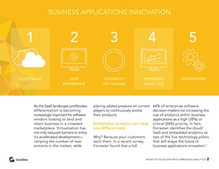 BUSINESS APPLICATIONS INNOVATION
1	 2	3	4	 5
CLOUD/SAAS USER
EXPERIENCE
FLEXIBILITY
FOR CHANGE
EMBEDDED
ANALYTICS
INTEGRATION
As the SaaS landscape proliferates,
differentiation is becoming
increasingly important for software
vendors looking to land and
retain business in a crowded
marketplace. Virtualization has
not only reduced barriers to entry,
it’s accelerated development—
ramping the number of new
entrants in the market, while
placing added pressure on current
players to continuously evolve
their products.
Embedded analytics can help
you differentiate.
Why? Because your customers
want them. In a recent survey,
Forrester found that a full
64% of enterprise software
decision-makers list increasing the
use of analytics within business
applications as a high (38%) or
critical (26%) priority. In fact,
Forrester identifies the cloud/
SaaS and embedded analytics as
two of the five technology pillars
that will shape the future of
business applications innovation.2
MONETIZE YOUR DATA WITH EMBEDDED ANALYTICS 2
 