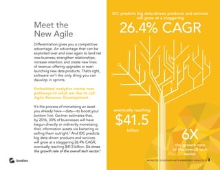 Meet the
New Agile
Differentiation gives you a competitive
advantage. An advantage that can be
exploited over and over again to land net
new business; strengthen relationships;
increase retention; and create new lines
of revenue, offering upgrades or even
launching new data products. That’s right,
software isn’t the only thing you can
develop in sprints.
Embedded analytics create new
pathways to what we like to call
Agile Revenue Development.
It’s the process of monetizing an asset
you already have—data—to boost your
bottom line. Gartner estimates that,
by 2016, 30% of businesses will have
begun directly or indirectly monetizing
their information assets via bartering or
selling them outright.3
And IDC predicts
big data-driven products and services
will grow at a staggering 26.4% CAGR,
eventually reaching $41.5 billion. Six times
the growth rate of the overall tech sector.4
IDC predicts big data-driven products and services
will grow at a staggering
26.4% CAGR
eventually reaching
$41.5billion
6Xthe growth rate
of the overall tech
sector
MONETIZE YOUR DATA WITH EMBEDDED ANALYTICS 3
 