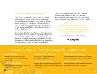 Turn it On :: Instant Infrastructure
GoodData’s multi-tenant platform supports and
automates the entire data pipeline and analytic
experience—meaning you don’t have to worry
about sourcing or managing multiple vendors.
It’s a comprehensive-solution that gives you access
to the whole stack of best in breed technologies,
all over the cloud.
Our managed platform is API-driven, offering extensive
automation and customization capabilities to ensure
seamless integration within your existing offering.
It’s a fully-baked product that you don’t have to build,
manage, or update—but that can be easily designed to
your specifications and launched in record time.
Even more importantly—GoodData’s average
implementation time is less than 90 days,
with Powered by customer Autopilot launching
their embedded analytics solutions in just 2 weeks.
GOODDATA’S PLATFORM IS DESIGNED TO HELP YOU:
Deploy Rapidly
Plug in and turn on instant end-to-end
infrastructure, with an average deployment
time <90 days.
Reduce Risks & Costs
Avoid R&D, added headcount and build costs
with a fully-managed solution.
Customize Your Solution
Use open APIs to design a seamless,
branded product experience.
Connect All Workflows
Leverage advanced integration tools to connect
workflows & actions between GoodData and your
core product.
Spin Up New Customers
Immediately provision new customers with the same
permissions and security details as your core product.
Innovate in Real-Time
Benefit from ongoing GoodData product innovations
and updates, as soon as they are released.
“Time to value hits home for us.
We managed to deliver beautiful,
advanced analytics to our end users
in a very short period of time.”
—Peter Sharkey, Co-Founder & Product Manager
MONETIZE YOUR DATA WITH EMBEDDED ANALYTICS 7
 