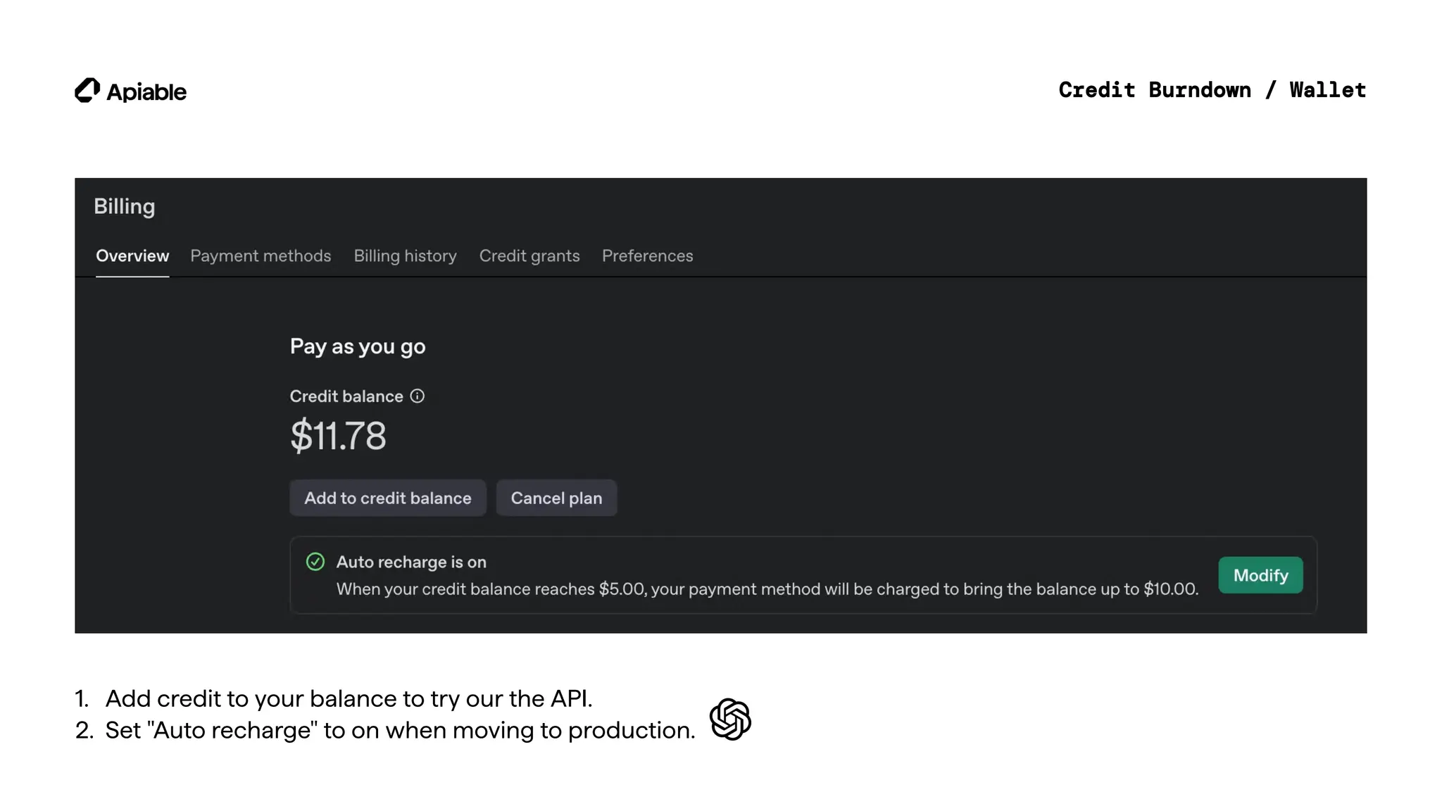 Credit Burndown / Wallet
1.
2.
Add credit to your balance to try our the API.
Set "Auto recharge" to on when moving to production.
 