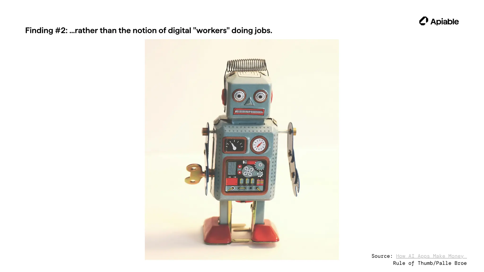 Finding #2: …rather than the notion of digital "workers" doing jobs.
Source: How AI Apps Make Money
Rule of Thumb/Palle Broe
 