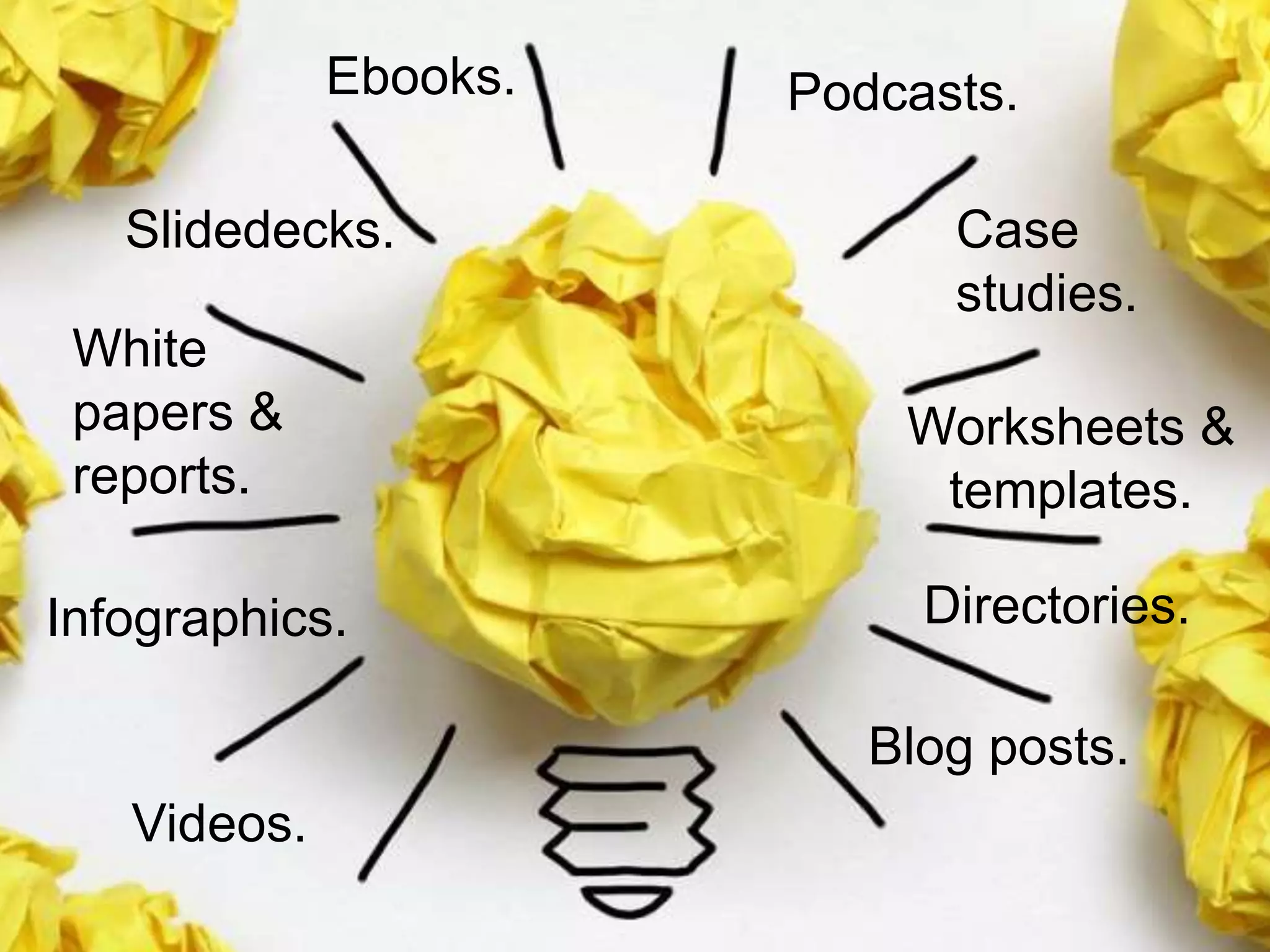 13
Ebooks.
Infographics.
Slidedecks.
White
papers &
reports.
Worksheets &
templates.
Videos.
Case
studies.
Blog posts.
Podcasts.
Directories.
 