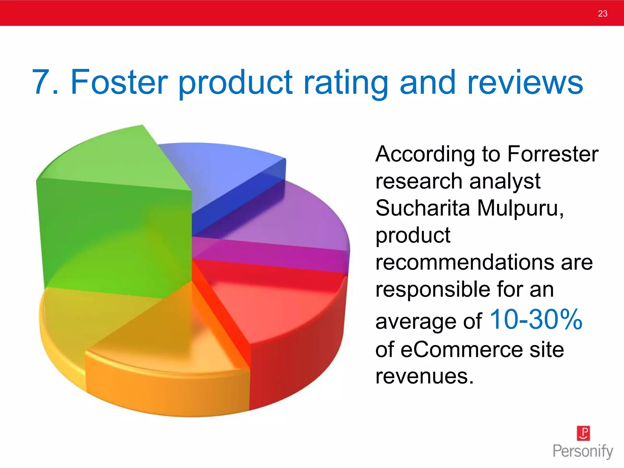 23
According to Forrester
research analyst
Sucharita Mulpuru,
product
recommendations are
responsible for an
average of 10-30%
of eCommerce site
revenues.
7. Foster product rating and reviews
 