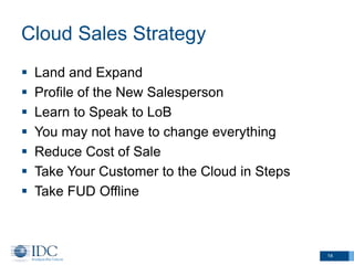Cloud Sales Strategy 
 Land and Expand 
 Profile of the New Salesperson 
 Learn to Speak to LoB 
 You may not have to change everything 
 Reduce Cost of Sale 
 Take Your Customer to the Cloud in Steps 
 Take FUD Offline 
14 
 