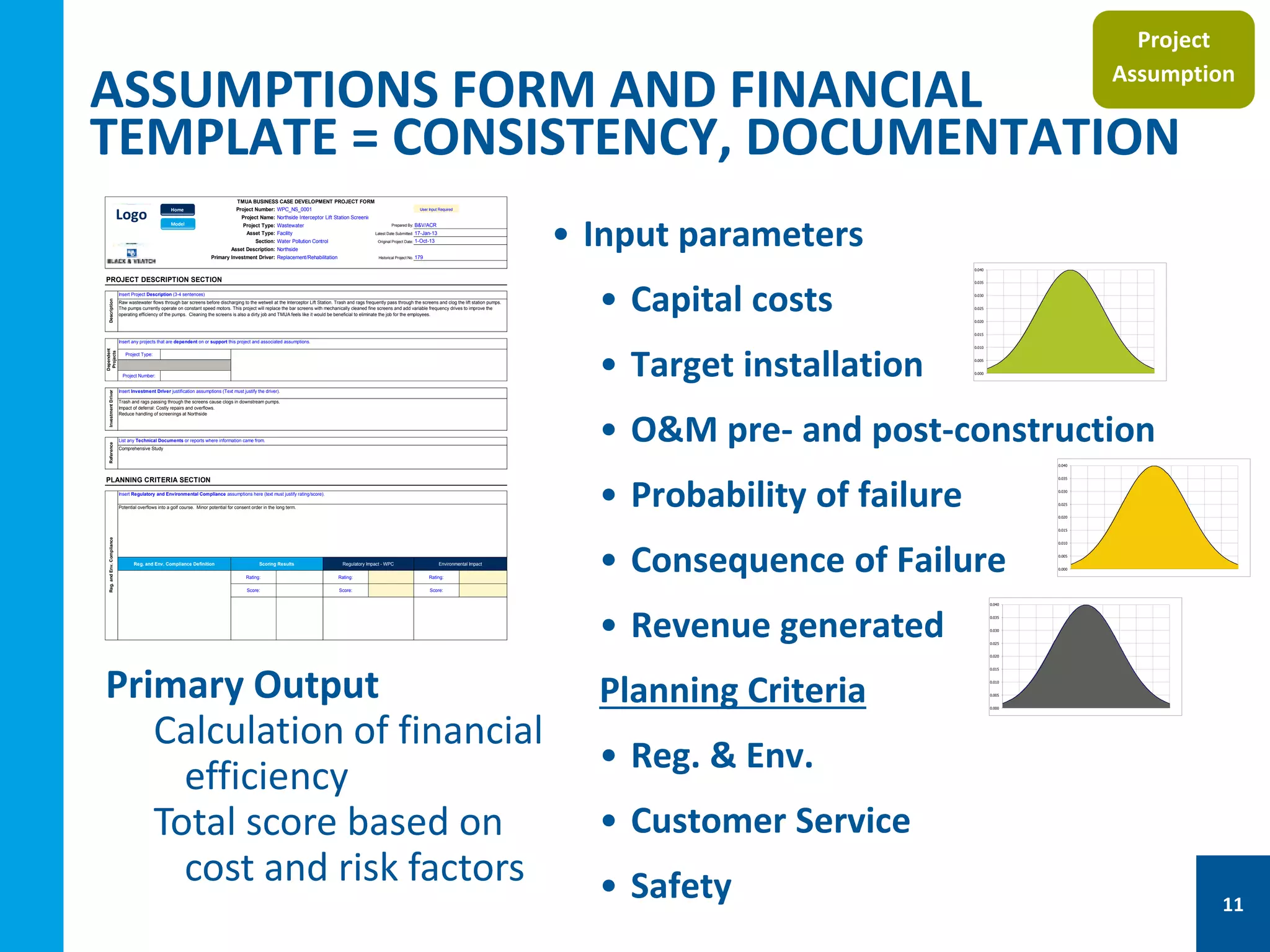 ASSUMPTIONS FORM AND FINANCIAL
TEMPLATE = CONSISTENCY, DOCUMENTATION
• Input parameters
• Capital costs
• Target installation
• O&M pre- and post-construction
• Probability of failure
• Consequence of Failure
• Revenue generated
Planning Criteria
• Reg. & Env.
• Customer Service
• Safety
Primary Output
Calculation of financial
efficiency
Total score based on
cost and risk factors
0.000
0.005
0.010
0.015
0.020
0.025
0.030
0.035
0.040
-25
-20
-15
-10
-5
0
5
10
15
20
25
0.000
0.005
0.010
0.015
0.020
0.025
0.030
0.035
0.040
-25
-20
-15
-10
-5
0
5
10
15
20
25
0.000
0.005
0.010
0.015
0.020
0.025
0.030
0.035
0.040
-25
-20
-15
-10
-5
0
5
10
15
20
25
Project
Assumption
TMUA BUSINESS CASE DEVELOPMENT PROJECT FORM
Project Number: User Input Required
Project Name:
Project Type: Prepared By: B&V/ACR
Asset Type: Latest Date Submitted: 17-Jan-13
Please review Ratings Section: Original Project Date: 1-Oct-13
Asset Description:
Primary Investment Driver: Historical Project No. 179
Project Type:
Project Number:
Rating: Rating: Rating:
Score: Score: Score:
Rating Rating: Rating:
Score Score: Score:
Rating: Rating:
Score: Score:
Rating Rating: Rating:
Score Score: Score:
Northside
WPC_NS_0001
Northside Interceptor Lift Station Screening Improvements and Upgrades
Wastewater
Facility
Water Pollution Control
PLANNING CRITERIA SECTION
Replacement/Rehabilitation
PROJECT DESCRIPTION SECTION
Description
Insert Project Description (3-4 sentences)
Raw wastewater flows through bar screens before discharging to the wetwell at the Interceptor Lift Station. Trash and rags frequently pass through the screens and clog the lift station pumps.
The pumps currently operate on constant speed motors. This project will replace the bar screens with mechanically cleaned fine screens and add variable frequency drives to improve the
operating efficiency of the pumps. Cleaning the screens is also a dirty job and TMUA feels like it would be beneficial to eliminate the job for the employees.
Dependent
Projects
Insert any projects that are dependent on or support this project and associated assumptions.
InvestmentDriver
Insert Investment Driver justification assumptions (Text must justify the driver).
Trash and rags passing through the screens cause clogs in downstream pumps.
Impact of deferral: Costly repairs and overflows.
Reduce handling of screenings at Northside
Reference
List any Technical Documents or reports where information came from.
Comprehensive Study
Reg.andEnv.Compliance
Insert Regulatory and Environmental Compliance assumptions here (text must justify rating/score).
Potential overflows into a golf course. Minor potential for consent order in the long term.
Reg. and Env. Compliance Definition Scoring Results Regulatory Impact - WPC Environmental Impact
Safety
Insert Safety assumptions here (text must justify rating/score).
Staff hurt during cleaning of basket. Project would mitigate the manual process of cleaning.
Safety Definition Scoring Results Employee Safety and Health Public Safety and Health
ServiceLevel
Insert Service Level assumptions here (text must justify rating/score).
Reputation and Customer Perception Customer needs
Overflows could occur. Historically none.
Service Level Definition Scoring Results
Operational Efficiency and Impact on Rate
Control
Impact on critical customers / facilities
Model
Home
Logo
11
 