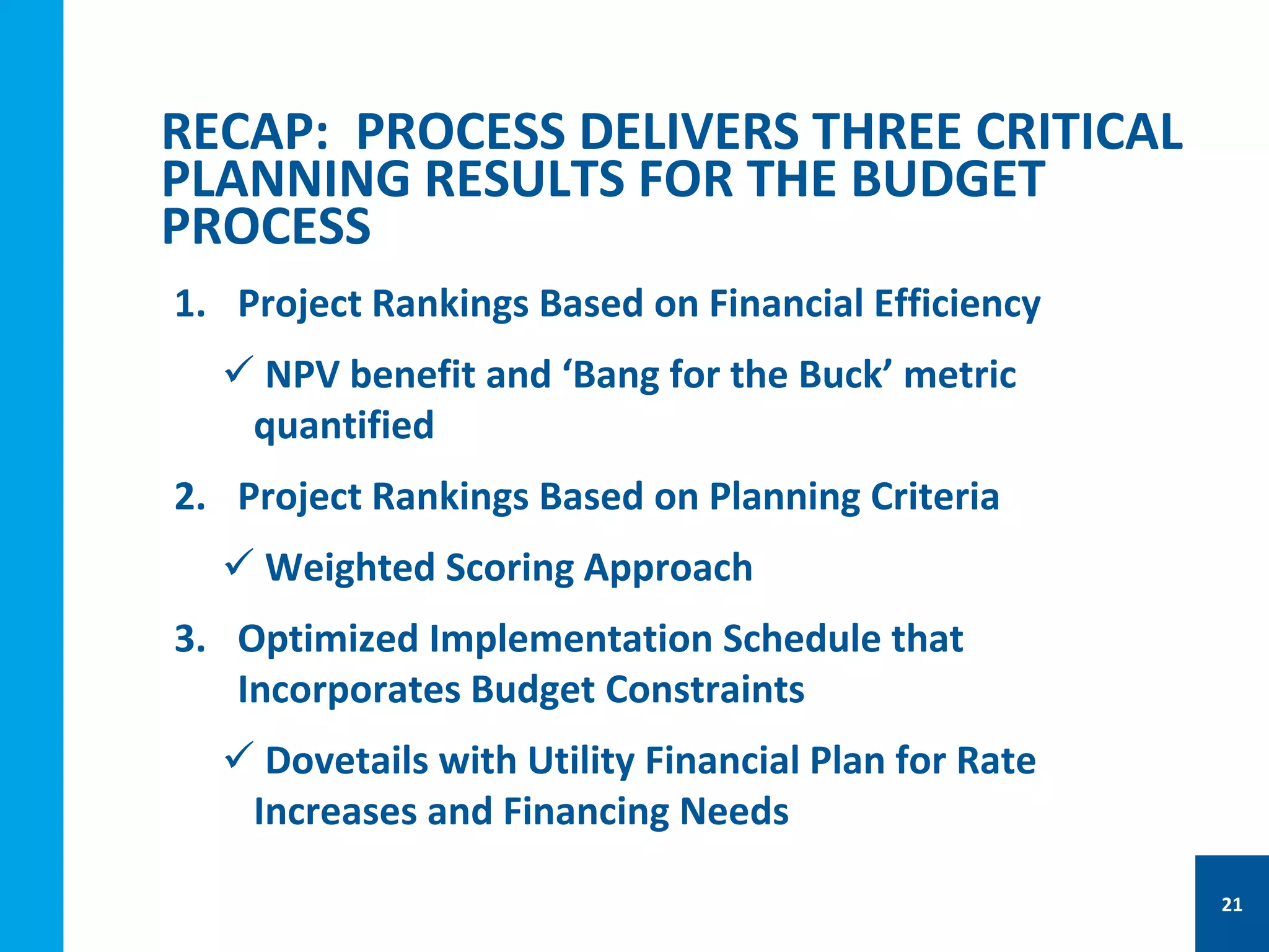 RECAP: PROCESS DELIVERS THREE CRITICAL
PLANNING RESULTS FOR THE BUDGET
PROCESS
1. Project Rankings Based on Financial Efficiency
 NPV benefit and ‘Bang for the Buck’ metric
quantified
2. Project Rankings Based on Planning Criteria
 Weighted Scoring Approach
3. Optimized Implementation Schedule that
Incorporates Budget Constraints
 Dovetails with Utility Financial Plan for Rate
Increases and Financing Needs
21
 