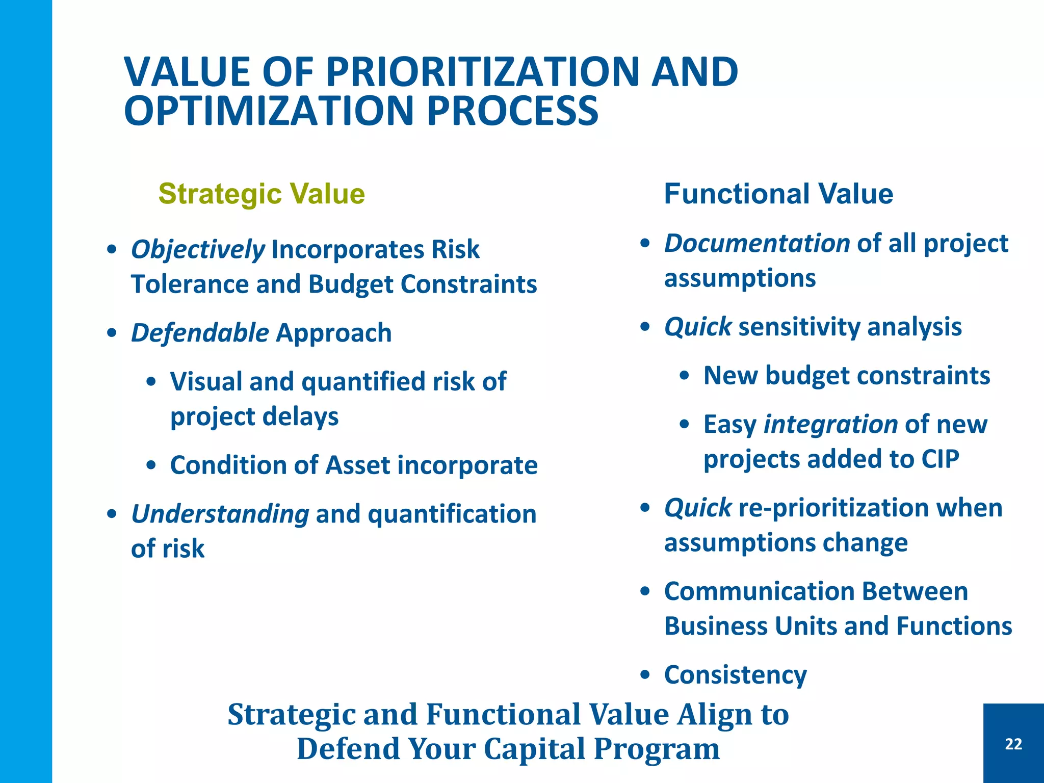 VALUE OF PRIORITIZATION AND
OPTIMIZATION PROCESS
• Objectively Incorporates Risk
Tolerance and Budget Constraints
• Defendable Approach
• Visual and quantified risk of
project delays
• Condition of Asset incorporate
• Understanding and quantification
of risk
• Documentation of all project
assumptions
• Quick sensitivity analysis
• New budget constraints
• Easy integration of new
projects added to CIP
• Quick re-prioritization when
assumptions change
• Communication Between
Business Units and Functions
• Consistency
Strategic and Functional Value Align to
Defend Your Capital Program
Strategic Value Functional Value
22
 