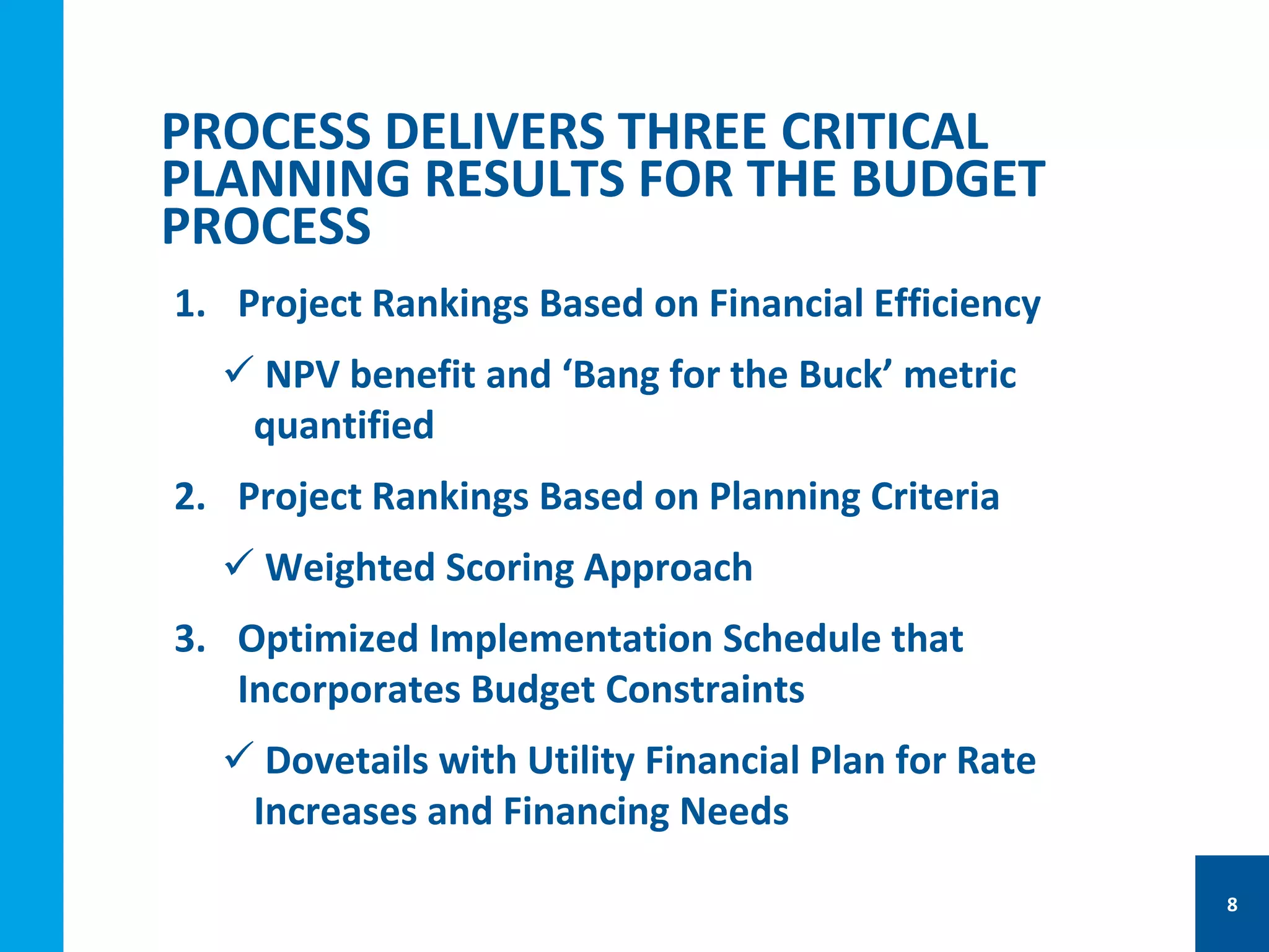 PROCESS DELIVERS THREE CRITICAL
PLANNING RESULTS FOR THE BUDGET
PROCESS
1. Project Rankings Based on Financial Efficiency
 NPV benefit and ‘Bang for the Buck’ metric
quantified
2. Project Rankings Based on Planning Criteria
 Weighted Scoring Approach
3. Optimized Implementation Schedule that
Incorporates Budget Constraints
 Dovetails with Utility Financial Plan for Rate
Increases and Financing Needs
8
 