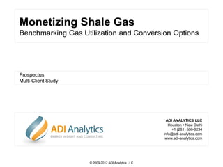Monetizing Shale Gas
Benchmarking Gas Utilization and Conversion Options




Prospectus
Multi-Client Study




                                                       ADI ANALYTICS LLC
                                                        Houston  New Delhi
                                                          +1 (281) 506-8234
                                                     info@adi-analytics.com
                                                      www.adi-analytics.com




                     © 2009-2012 ADI Analytics LLC
 