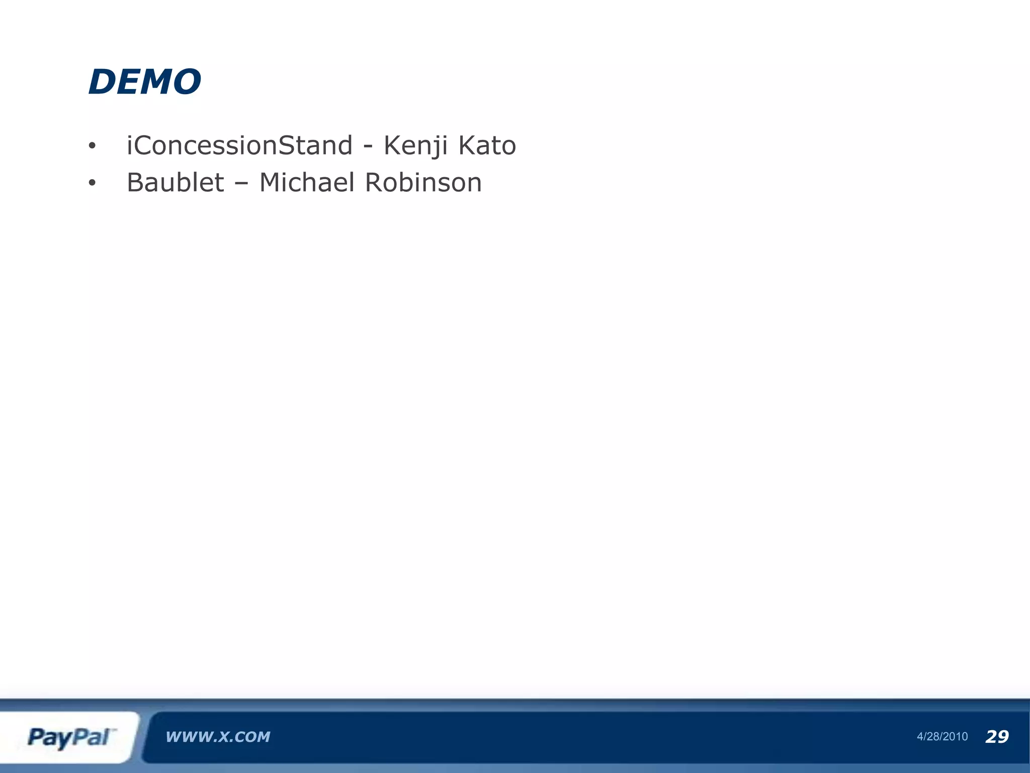 For Merchants / SellersMobile CheckoutWWW.X.COM4/28/108Similar to Express Checkout but with Mobile UISupports Phone/Pin login(User sets phone/pin with PayPal)Two API calls:SetMobileCheckout