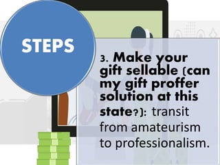 3. Make your
gift sellable (can
my gift proffer
solution at this
state?): transit
from amateurism
to professionalism.
STEPS
 