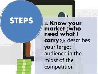 4. Know your
market (who
need what I
carry?): describes
your target
audience in the
midst of the
competition
STEPS
 