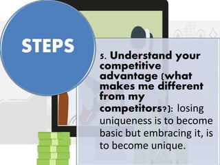 5. Understand your
competitive
advantage (what
makes me different
from my
competitors?): losing
uniqueness is to become
basic but embracing it, is
to become unique.
STEPS
 