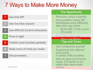 7 Ways to Make More Money
                                              The Opportunity
     Use trial API                         Revenue = price x quantity
                                          Live tilestop-tier of
                                          70x moreincrease English
                                           Less than downloads
                                                       15%
                                          Many portfolio makes WP
                                                  (75%) developers are
                                          Multiple localized into ad
                                                             mobile FIGS
                                           Xbox are
                                           apps trial-to-paid conversion
                                          10% frequency
                                               Use
                                          probably competing in real
                                          networks paying too much in
2    Use live tiles w/push                 Marketplace work differently
                                           languages
                                          rate
                                          taxesother app storesuse
                                          time for each session
                                               Duration of
                                           than customers (like you)
                                           Most satisfaction
                                          ad requestin 7x higher sales
                                          Resulting
                                               User
                                          25 of 29 countries have
3    Use APS Ad Control w/location         prefer andASP, 12 DL/uu/mo.
                                                $2.93 download apps in
                                          negotiated treaty ratesvia
                                          Better demo-targeting with
                                          Equaling paid) impressions
                                           their(3% more
                                                 local language
                                          U.S. below 30%
                                          WLID
4    Price it right                       16 countries have 0%
                                          70% of all ad revenue
                                                 Tips and Tricks
                                          withholding
5    Publish (and localize) globally             Tips and Tricks
                                                 Tips and Tricks
                                          Don‟t giveand Tricks
                                           Don‟t underpricetoo much
                                                Tips away yourself
                                                Tipsyour metadata and
                                           Localize
                                                       and Tricks
6    Keep more of what you make           value
                                           Experiment withspeakers, if
                                                       and different
                                           app with nativeTricks
                                                Tips trial experience
                                          Indicate “live tile” in
                                       ForMakepoints
                                           price theeCPM
                                            highest
                                           possible
                                          description
                                          compelling services for
7    Get promoted…                        Add and providecountries ad
                                           in similar (A/B)
                                          Get location andITINin single
                                          Timenew languages price
                                           Add or
                                          Add relevant            number
                                          targetingcapabilitycreative
                                                                based
                                          to Microsoft to end ofover
                                           Start at upper
                                          trials content avoid cut
                                          pushvia updates
                                           xap work
                                          Know your user to to more
                                          withholding easier get
                                           range. It is
                                          Make itthan raisein the trial
                                          discretestand out prices
                                          Incorporate ads
                                           rather demographics
    Windows Phone                         version
 