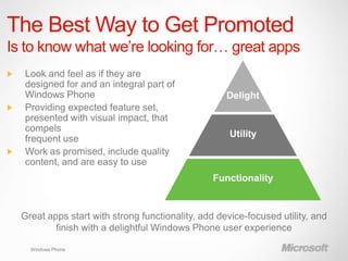 The Best Way to Get Promoted


                      Delight


                       Utility



                    Functionality




  Windows Phone
 