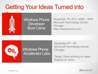 Getting Your Ideas Turned into
Apps
                 Windows Phone      November 18, 2011, 8AM – 5PM
                                    Microsoft Technology Center,
                   Developer        Chicago
                   Boot Camp        http://msdnevents.com




                                    December 6th – 8th
                                    Microsoft Technology Center,
                 Windows Phone      Chicago
                 Accelerator Labs
                                    Target: Devs working on apps
                                    Experts on hand


 Windows Phone
 