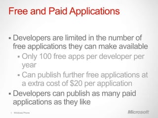 Free and Paid Applications

 Developers are limited in the number of
  free applications they can make available
     Only 100 free apps per developer per
      year
     Can publish further free applications at
      a extra cost of $20 per application
 Developers can publish as many paid
  applications as they like
5 Windows Phone
 