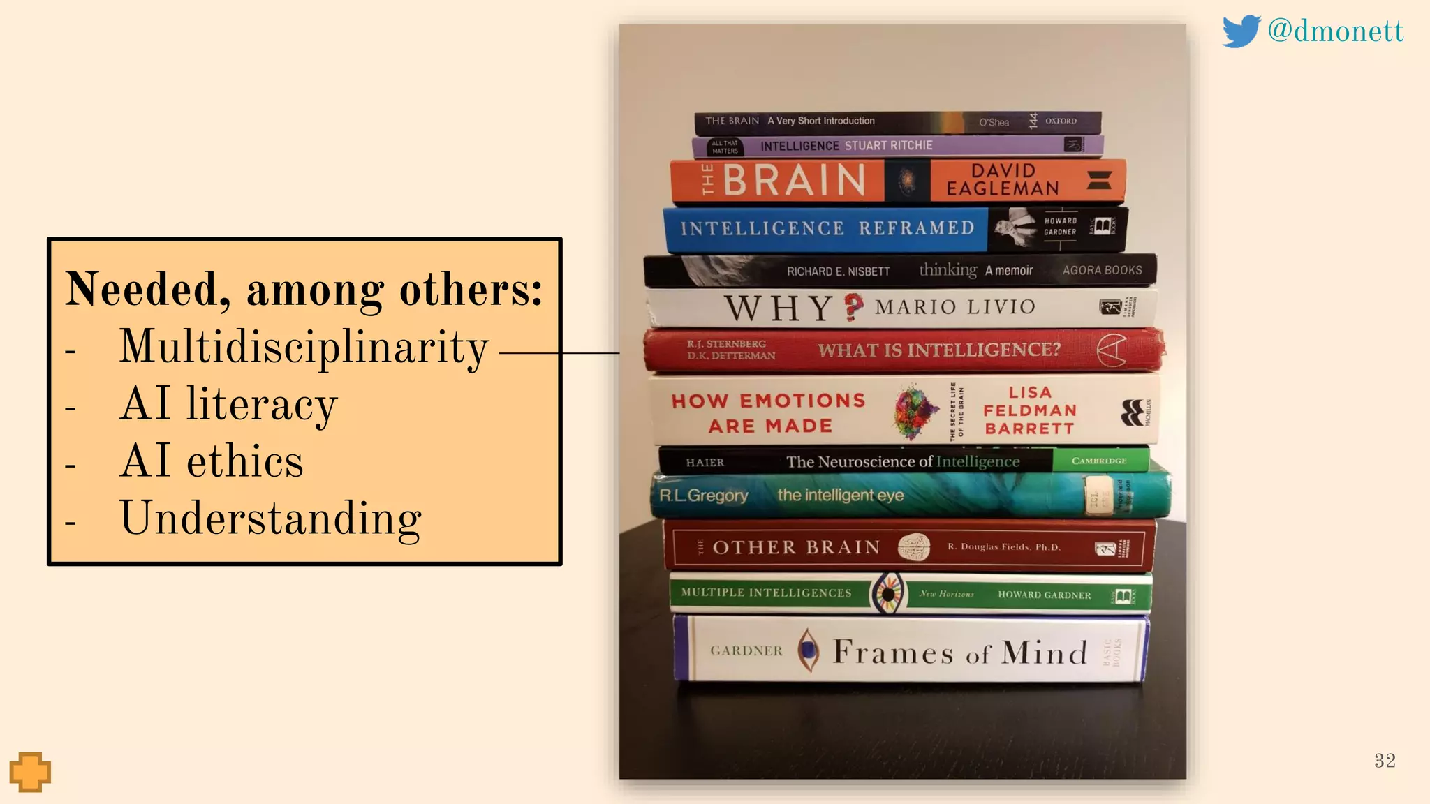 32
Needed, among others:
- Multidisciplinarity
- AI literacy
- AI ethics
- Understanding
@dmonett
 
