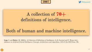 A collection of 70+
definitions of intelligence.
Both of human and machine intelligence.
17
Legg, S. and Hutter, M. (2007a). A Collection of Definitions of Intelligence. In B. Goertzel and P. Wang (eds.),
Advances in Artificial General Intelligence: Concepts, Architectures and Algorithms, 157:17-24, IOS Press, UK.
2007 @dmonett
 