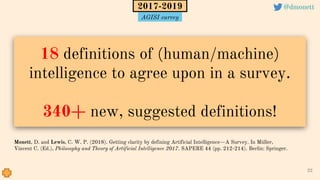 18 definitions of (human/machine)
intelligence to agree upon in a survey.
340+ new, suggested definitions!
22
Monett, D. and Lewis, C. W. P. (2018). Getting clarity by defining Artificial Intelligence—A Survey. In Müller,
Vincent C. (Ed.), Philosophy and Theory of Artificial Intelligence 2017. SAPERE 44 (pp. 212-214). Berlin: Springer.
2017-2019 @dmonett
AGISI survey
 