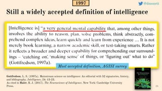 25
Still a widely accepted definition of intelligence
Gottfredson, L. S. (1997a). Mainstream science on intelligence: An editorial with 52 signatories, history,
and bibliography. Intelligence, 24: 13-23.
As cited in Haier, R. J. (2017). The Neuroscience of Intelligence. New York: Cambridge University
Press.
1997
Most accepted definition, AGISI survey
@dmonett
 