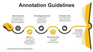 Annotation Guidelines
… on a cell if the
corresponding
definition fulfils the
quality criterion
Write a 1
E.g. by column (...
