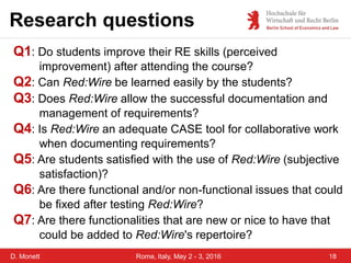 D. Monett
Research questions
18Rome, Italy, May 2 - 3, 2016
Q1: Do students improve their RE skills (perceived
improvement) after attending the course?
Q2: Can Red:Wire be learned easily by the students?
Q3: Does Red:Wire allow the successful documentation and
management of requirements?
Q4: Is Red:Wire an adequate CASE tool for collaborative work
when documenting requirements?
Q5: Are students satisfied with the use of Red:Wire (subjective
satisfaction)?
Q6: Are there functional and/or non-functional issues that could
be fixed after testing Red:Wire?
Q7: Are there functionalities that are new or nice to have that
could be added to Red:Wire's repertoire?
 