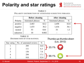 D. Monett 16Gdańsk, Poland, September 11 – 14, 2016
Polarity and star ratings
69.1%
23.1%
Thumbs-up-thumbs-down
(Liu, 2012)
 