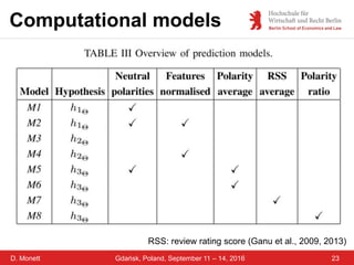 D. Monett
Computational models
23Gdańsk, Poland, September 11 – 14, 2016
RSS: review rating score (Ganu et al., 2009, 2013)
 
