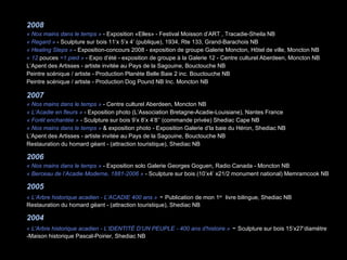 2008  « Nos mains dans le temps  »  - Exposition «Elles» - Festival Moisson d’ART , Tracadie-Sheila NB « Regard »  - Sculpture sur bois 11’x 5’x 4’ (publique), 1934, Rte 133, Grand-Barachois NB « Healing Steps »   - Exposition-concours 2008 - exposition de groupe Galerie Moncton, Hôtel de ville, Moncton NB « 12  pouces  =1 pied »   - Expo d’été - exposition de groupe à la Galerie 12 - Centre culturel Aberdeen, Moncton NB L’Apent des Artisses - artiste invitée au Pays de la Sagouine, Bouctouche NB Peintre scénique / artiste - Production Planète Belle Baie 2 inc. Bouctouche NB Peintre scénique / artiste - Production Dog Pound NB Inc. Moncton NB 2007 « Nos mains dans le temps  »  - Centre culturel Aberdeen, Moncton NB « L’Acadie en fleurs  »  - Exposition photo (L’Association Bretagne-Acadie-Louisiane), Nantes France « Forêt enchantée »  -   Sculpture sur bois 9’x 8’x 4’8’’ (commande privée) Shediac Cape NB « Nos mains dans le temps »  & exposition photo - Exposition Galerie d’la baie du Héron, Shediac NB L’Apent des Artisses - artiste invitée au Pays de la Sagouine, Bouctouche NB Restauration du homard géant - (attraction touristique), Shediac NB 2006 « Nos mains dans le temps »  - Exposition solo Galerie Georges Goguen, Radio Canada - Moncton NB « Berceau de l’Acadie Moderne, 1881-2006 »  - Sculpture sur bois (10’x4’ x21/2 monument national) Memramcook NB 2005  « L’Arbre historique acadien - L’ACADIE 400 ans »  -  Publication de mon 1 er   livre bilingue, Shediac NB Restauration du homard géant - (attraction touristique), Shediac NB 2004  « L'Arbre historique acadien - L’IDENTITÉ D’UN PEUPLE - 400 ans d'histoire »  -  Sculpture sur bois 15’x27’diamètre -Maison historique Pascal-Poirier, Shediac NB 