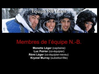 Membres de l’équipe N.-B. Monette Léger  (capitaine) Luc Poirier  (co-équipier) Rémi Léger  (co-équipier-neveu)  Krystal Murray  (substitut-fille) 