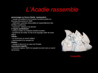 personnages en forme d’étoile  représentent : -  peuple accueillant le 4e Congrès mondial acadien au  Nouveau-Brunswick en 2009 - célébration, grandes retrouvailles et rassemblement des  familles acadiennes  - naissance - bâtisseur de demain 3 vagues symbolisent: - chaque couleur du drapeau tricolore acadien - symphonie de voiles, la mer et le paysage côtier de notre région l’étoile : - un envol vers un avenir brillant - rayonnement d’un peuple fort barque : - voyage à découvrir au cœur de l’Acadie  mouvement signifie : - l’évolution depuis 1604 d’un peuple tournant vers un avenir  dynamique L’Acadie rassemble maquette 