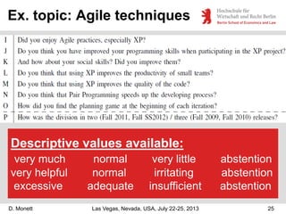 Ex. topic: Agile techniques

Descriptive values available:
very much
very helpful
excessive
D. Monett

normal
normal
adequ...