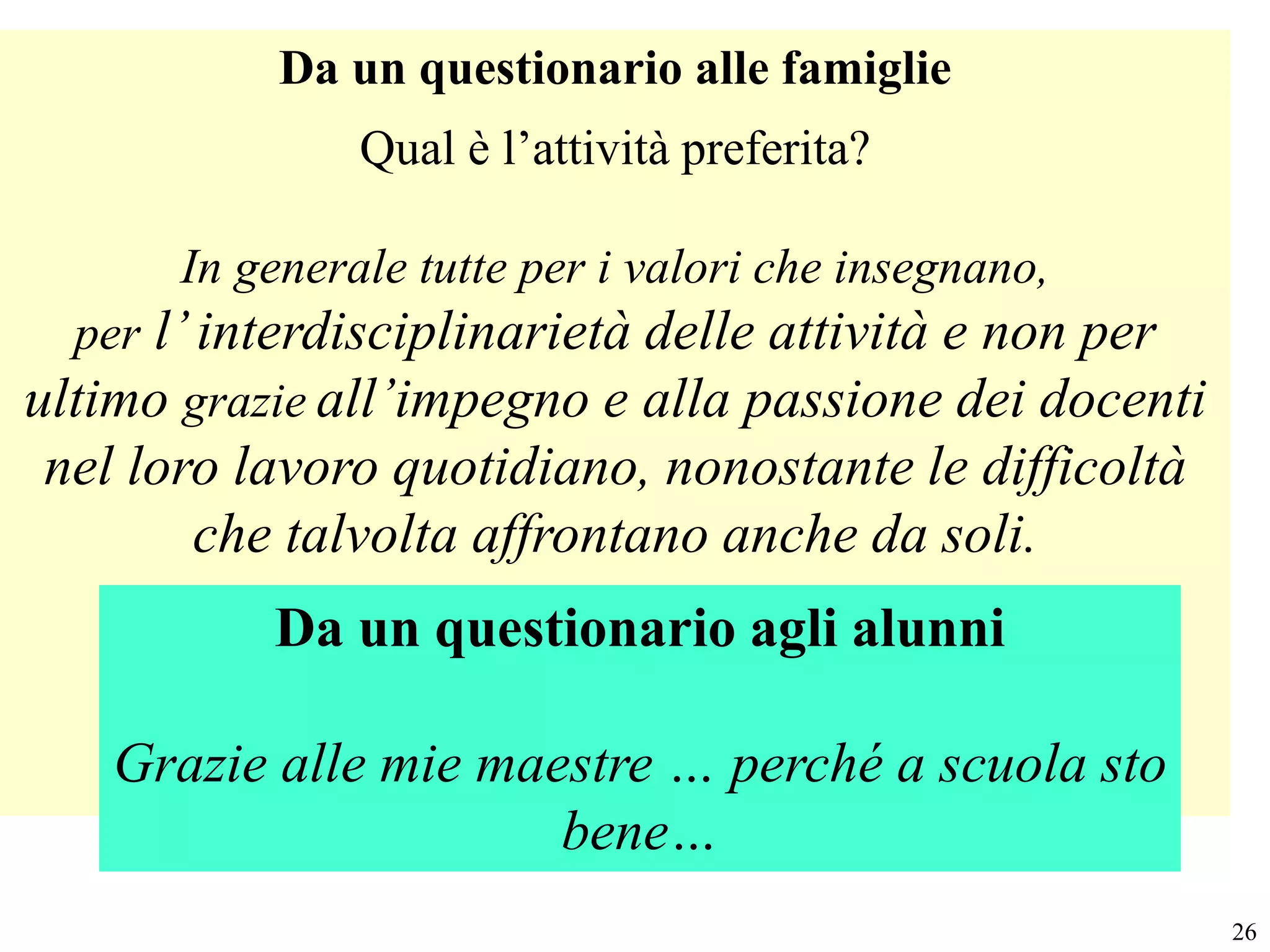 Da un questionario alle famiglie
                Qual è l’attività preferita?

       In generale tutte per i valori che insegnano,
  per l’ interdisciplinarietà delle attività e non per
ultimo grazie all’impegno e alla passione dei docenti
nel loro lavoro quotidiano, nonostante le difficoltà
       che talvolta affrontano anche da soli.
           Da un questionario agli alunni

    Grazie alle mie maestre … perché a scuola sto
                       bene…
                                                         26
 