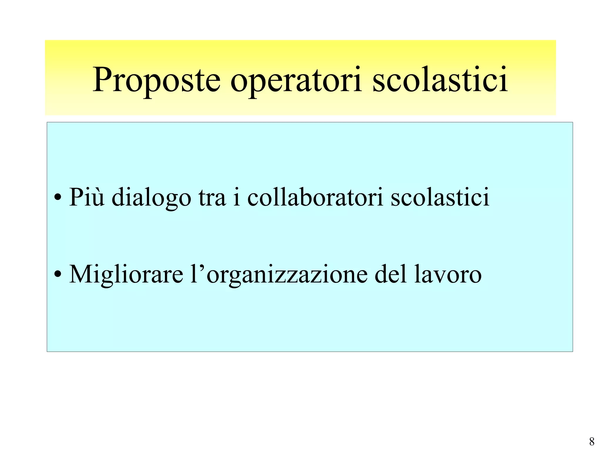 Proposte operatori scolastici


• Più dialogo tra i collaboratori scolastici

• Migliorare l’organizzazione del lavoro




                                               8
 