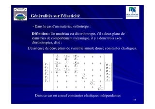 Généralités sur l’élasticité

   - Dans le cas d'un matériau orthotrope :
  Définition : Un matériau est dit orthotrope, s'il a deux plans de
  symétries de comportement mécanique, il y a donc trois axes
  d'orthotropies, d'où :
L'existence de deux plans de symétrie annule douze constantes élastiques.
                       1         −ν        −ν                                   
                                      21        31
                                                      0        0        0        
                       E    1    E    2    E    3
                                                                                 
                                                                                
                       −ν        1         −ν                                   
          ε         
                             12                  32
                                                      0        0        0
                                                                                  σ        
                                                                                            
               11
                     E                   E
          ε
                                                                                        11
                                  E
                                                                                 σ
               22 
                             1         2         3
                                                                                           
                       −ν        −ν
          ε
                                                                                        22
                                            1                                               
                                                                                 σ
                             13        23
              33                                   0        0        0
                   =  E                                                                    
          γ
                                 E         E                                    
                                                                                        33

                                                                                  τ
               23 
                             1         2         3
                                                                                             
                                                     1                                 23
          γ          0          0         0                 0        0         τ
                                                                                             
                                                    G                                 13   
               13
                                                                                
          γ                                                                      τ
                                                          23
                                                                                             
                 
               12     0          0         0        0
                                                               1
                                                                        0               12   
                                                                                
                                                              G   13
                                                                                 
                       0                                               1        
                                   0         0        0        0
                                                                                
                                                                       G   12   


    Dans ce cas on a neuf constantes élastiques indépendantes
                                                                                                 14
 