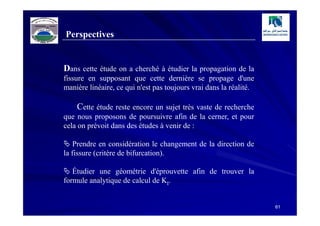 Perspectives


Dans cette étude on a cherché à étudier la propagation de la
fissure en supposant que cette dernière se propage d'une
manière linéaire, ce qui n'est pas toujours vrai dans la réalité.

    Cette étude reste encore un sujet très vaste de recherche
que nous proposons de poursuivre afin de la cerner, et pour
cela on prévoit dans des études à venir de :

    Prendre en considération le changement de la direction de
la fissure (critère de bifurcation).

   Étudier une géométrie d'éprouvette afin de trouver la
formule analytique de calcul de KI.


                                                                    61
 