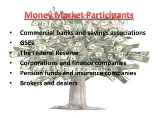 Objective of Money Market?To provide a parking place to employ short   term surplus funds.To provide room for overcoming short term deficits.To enable the central bank to influence and regulate liquidity in the economy through its intervention in this market.To provide a reasonable access to users of short-term funds to meet their requirement quickly, adequately at reasonable cost.