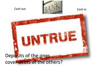 Current system
Money is created out of thin air when
        someone borrows it
           Money = debt
 