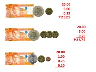 20.00
5.00
0.25
5.252Ᵽ
20.00
5.00
0.75
5.752Ᵽ
20.00
1.00
0.25
0.10
 