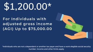 For Individuals with
adjusted gross income
(AGI) Up to $75,000.00
$1,200.00*
*Individuals who are not a dependent or another tax payer and have a work elegible social secutiry
number. Income and other limits apply.
 